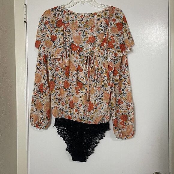 FREE PEOPLE intimates Say it to Me Orange floral ruffle boho bodysuit size XS - Picture 2 of 7